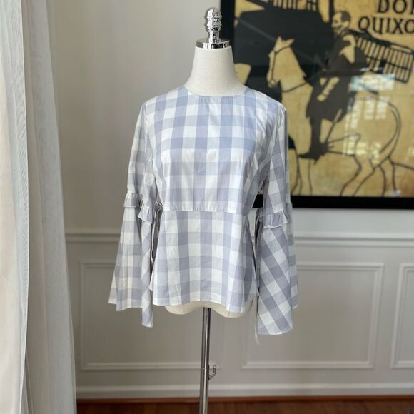 Walter Baker Lauren Top Grey Gingham Trumpet Sleeve NWT S - Picture 3 of 12
